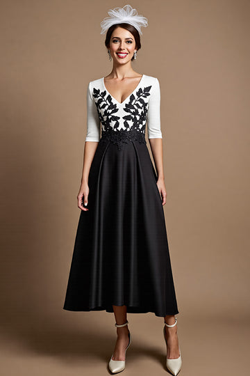 Black and White A Line Satin Midi Mother of the Bride Dress with Appliques
